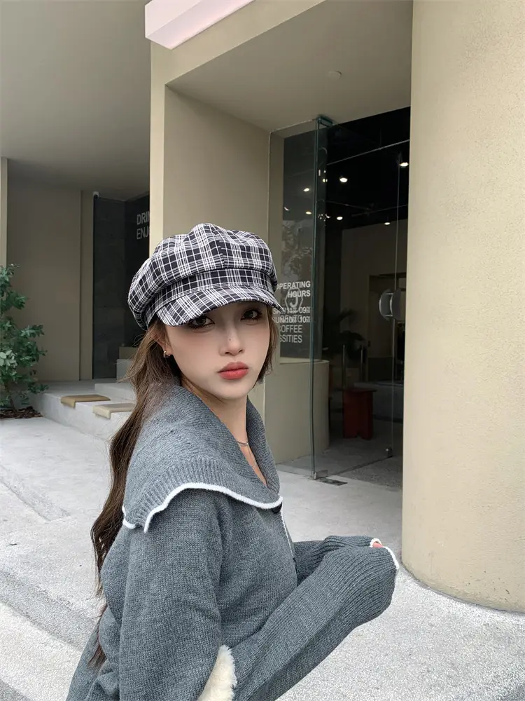Women's Plaid Beret with Face Mask Hat — feature 10