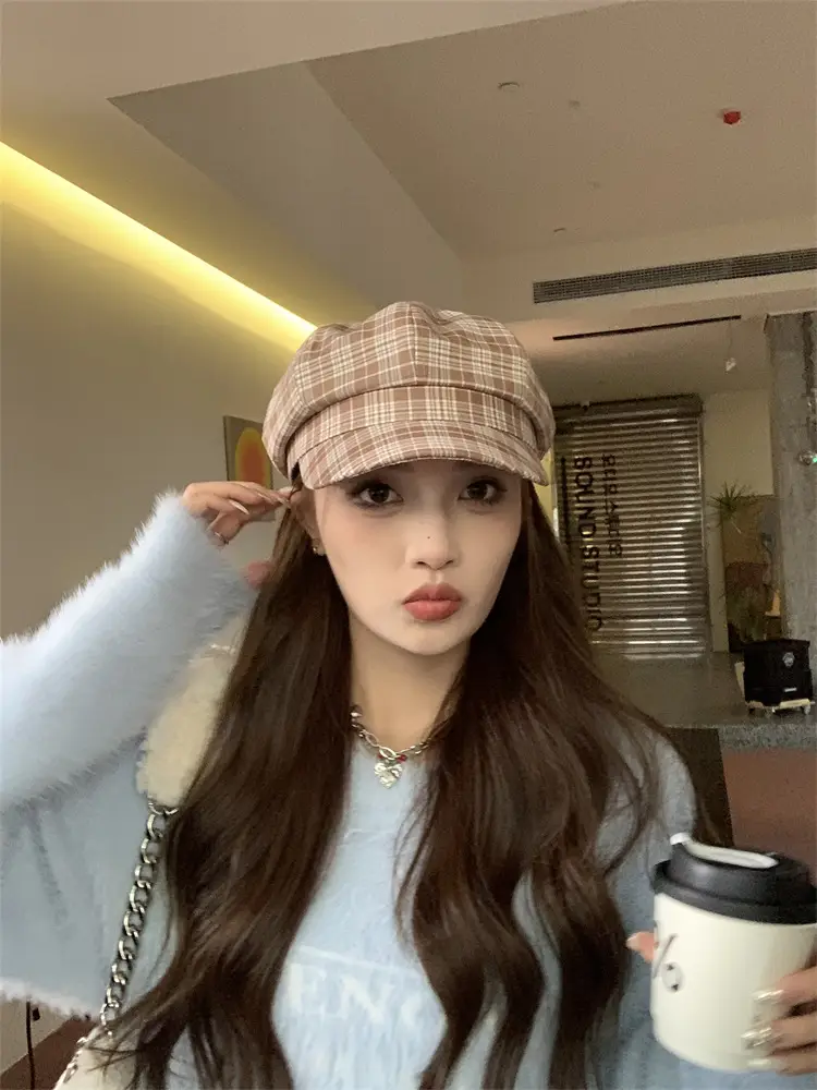 Women's Plaid Beret with Face Mask Hat — feature 11