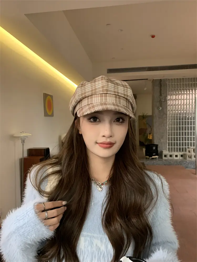 Women's Plaid Beret with Face Mask Hat — feature 12