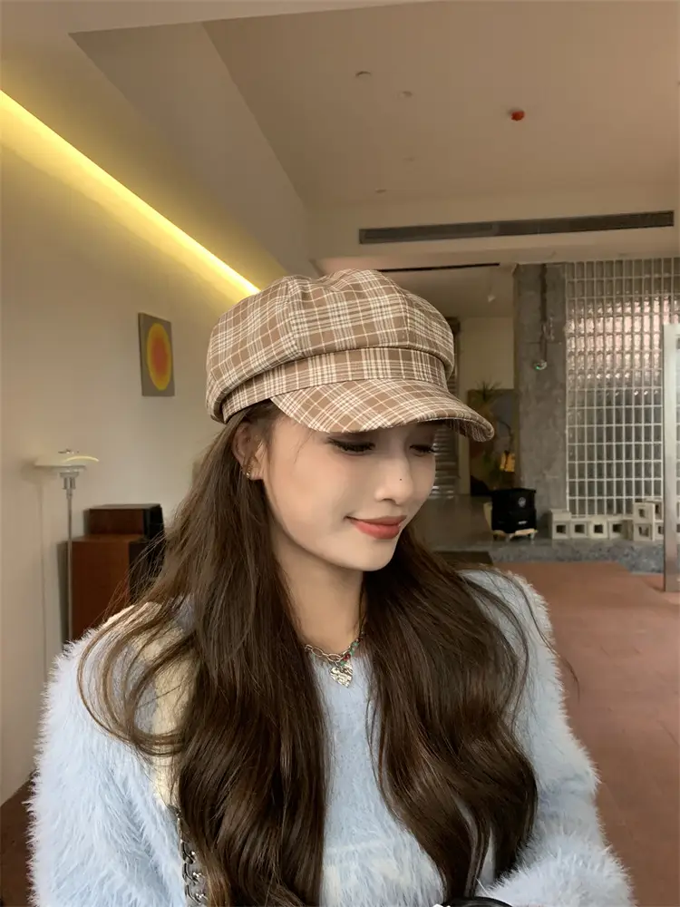 Women's Plaid Beret with Face Mask Hat — feature 13