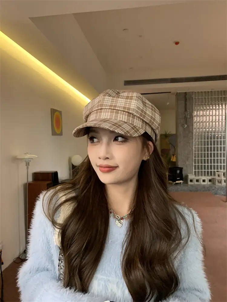 Women's Plaid Beret with Face Mask Hat — feature 14