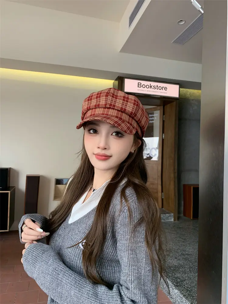 Women's Plaid Beret with Face Mask Hat — feature 15