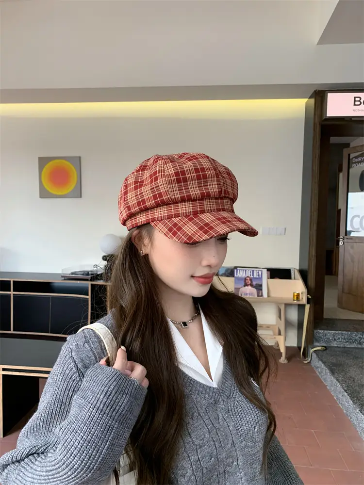 Women's Plaid Beret with Face Mask Hat — feature 16