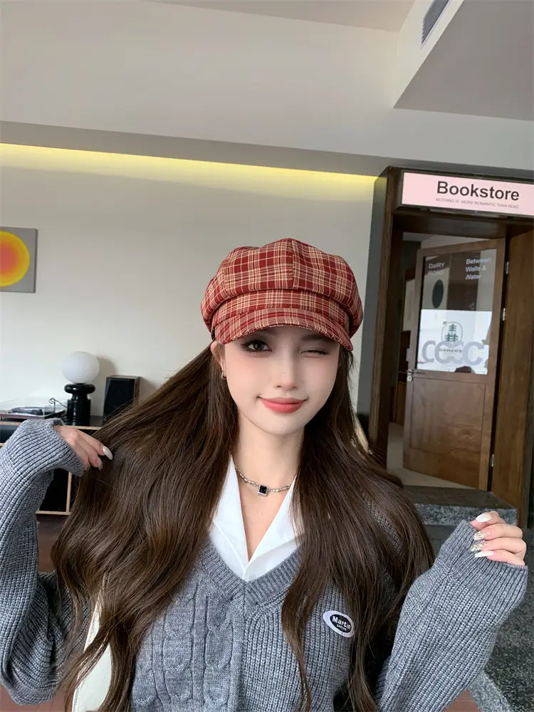Women's Plaid Beret with Face Mask Hat — feature 17