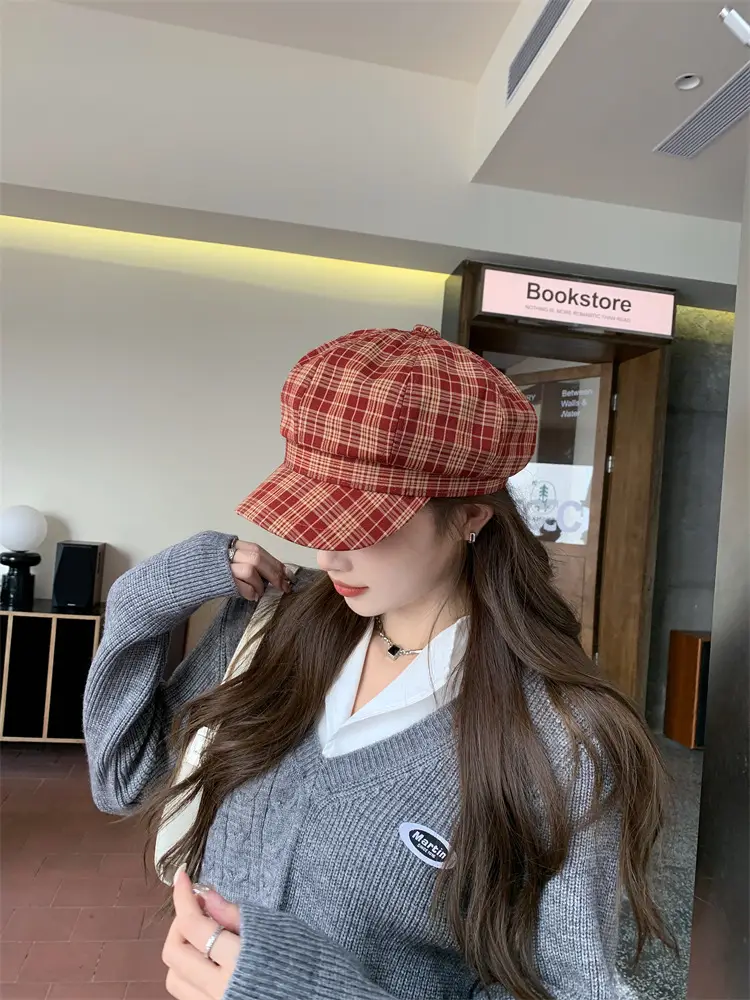 Women's Plaid Beret with Face Mask Hat — feature 18