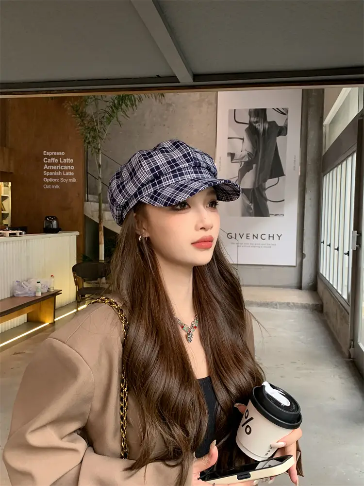 Women's Plaid Beret with Face Mask Hat — feature 19