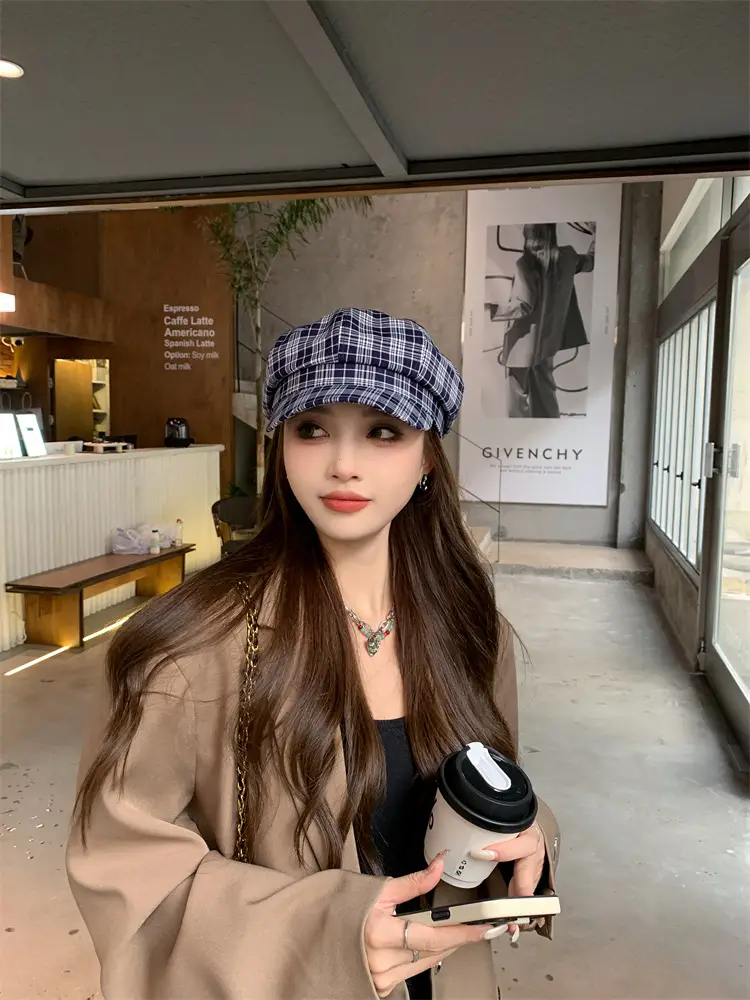 Women's Plaid Beret with Face Mask Hat — feature 20