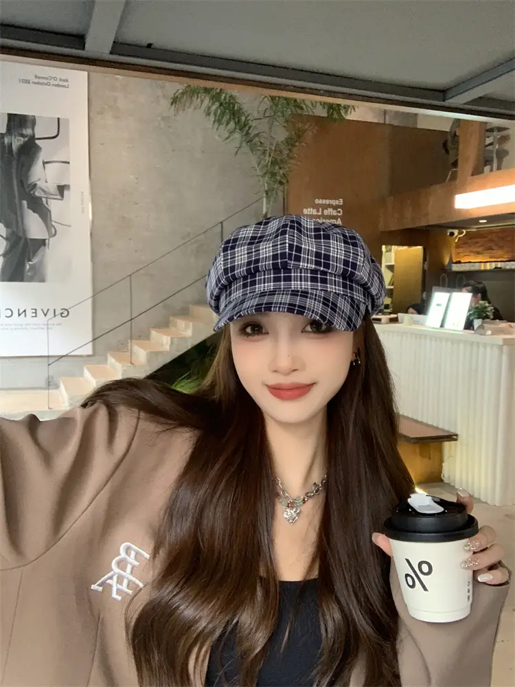 Women's Plaid Beret with Face Mask Hat — feature 21