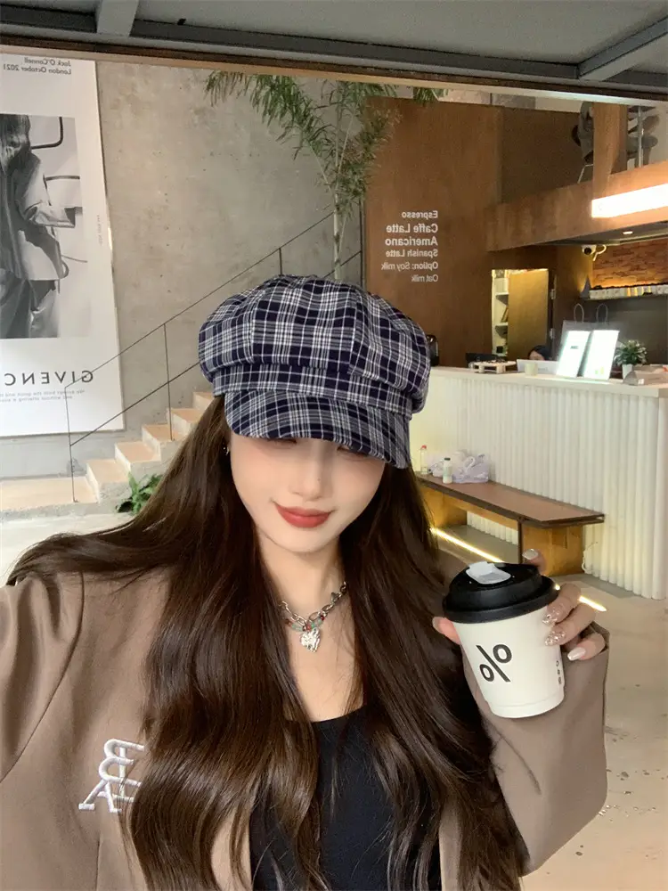 Women's Plaid Beret with Face Mask Hat — feature 22