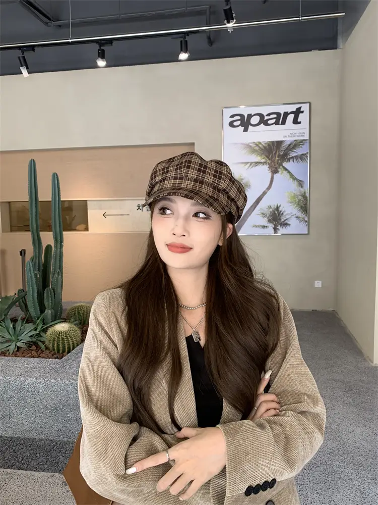 Women's Plaid Beret with Face Mask Hat — feature 3