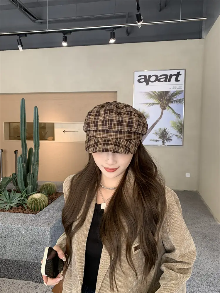 Women's Plaid Beret with Face Mask Hat — feature 4