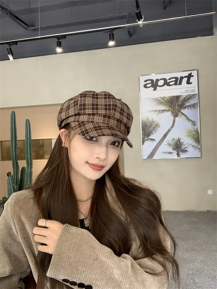 Women's Plaid Beret with Face Mask Hat — feature 5