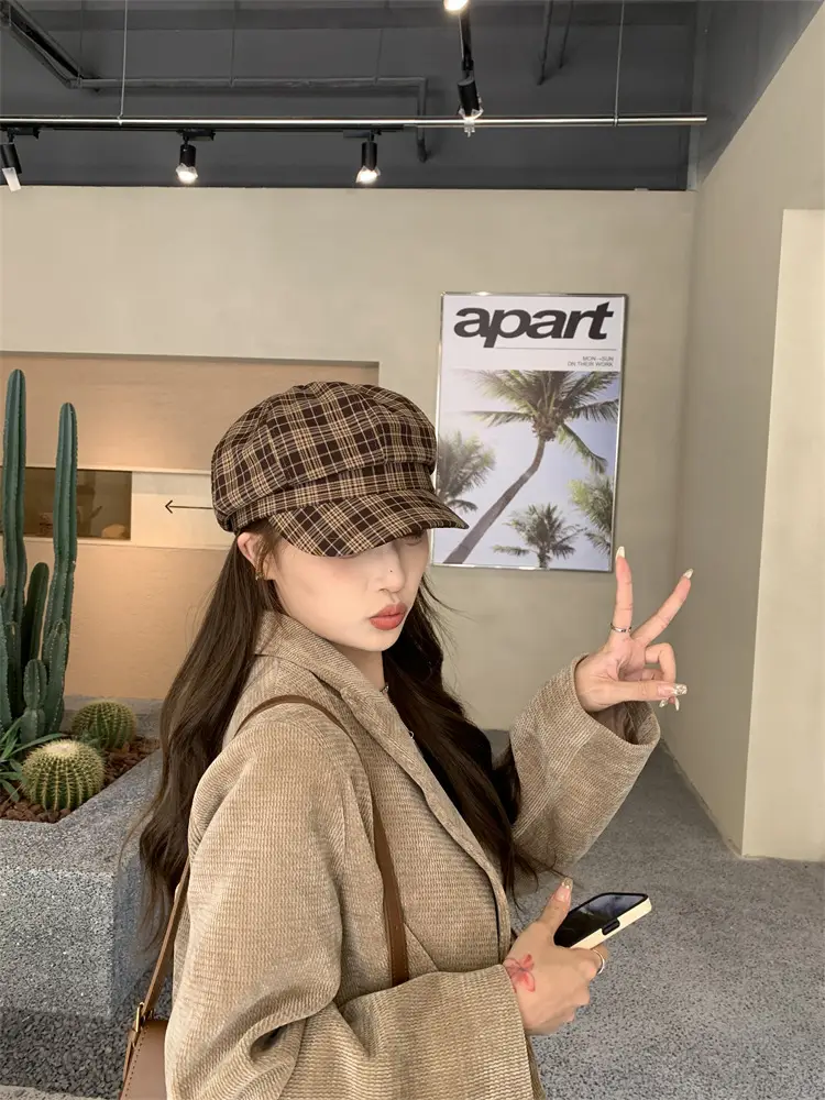 Women's Plaid Beret with Face Mask Hat — feature 6