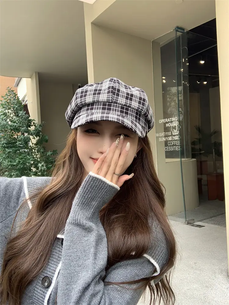 Women's Plaid Beret with Face Mask Hat — feature 7