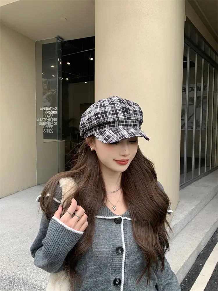 Women's Plaid Beret with Face Mask Hat — feature 8