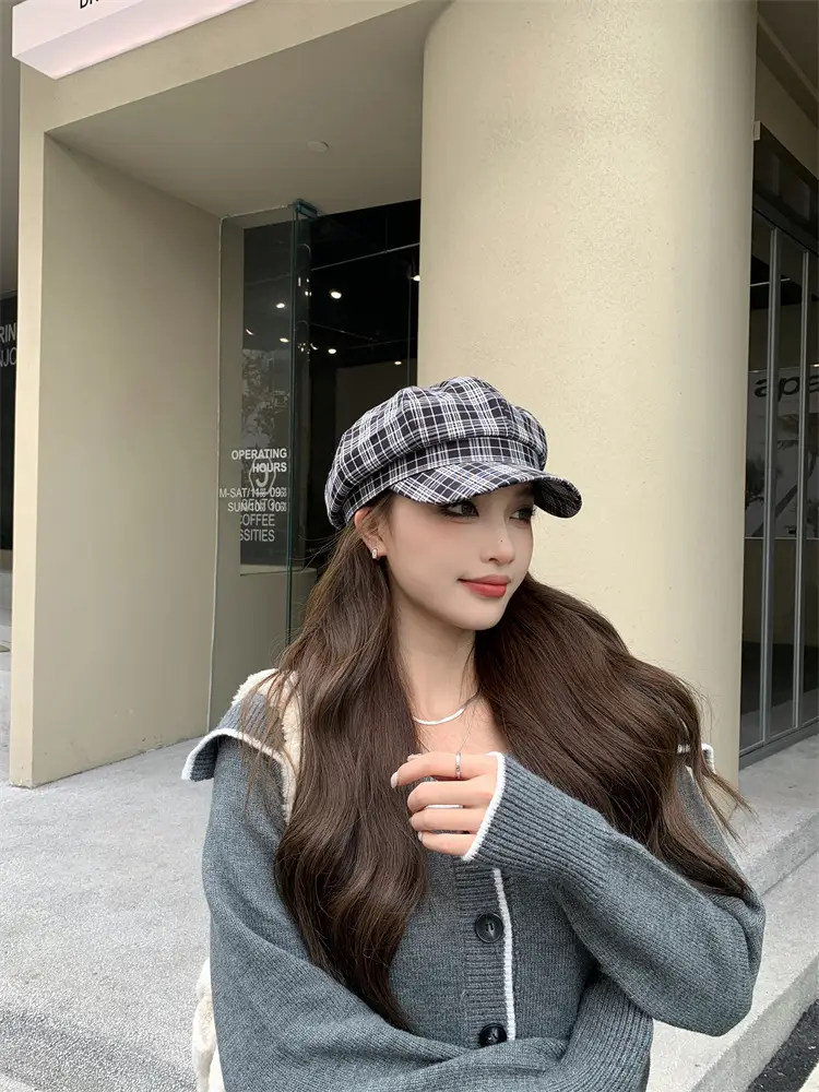 Women's Plaid Beret with Face Mask Hat — feature 9