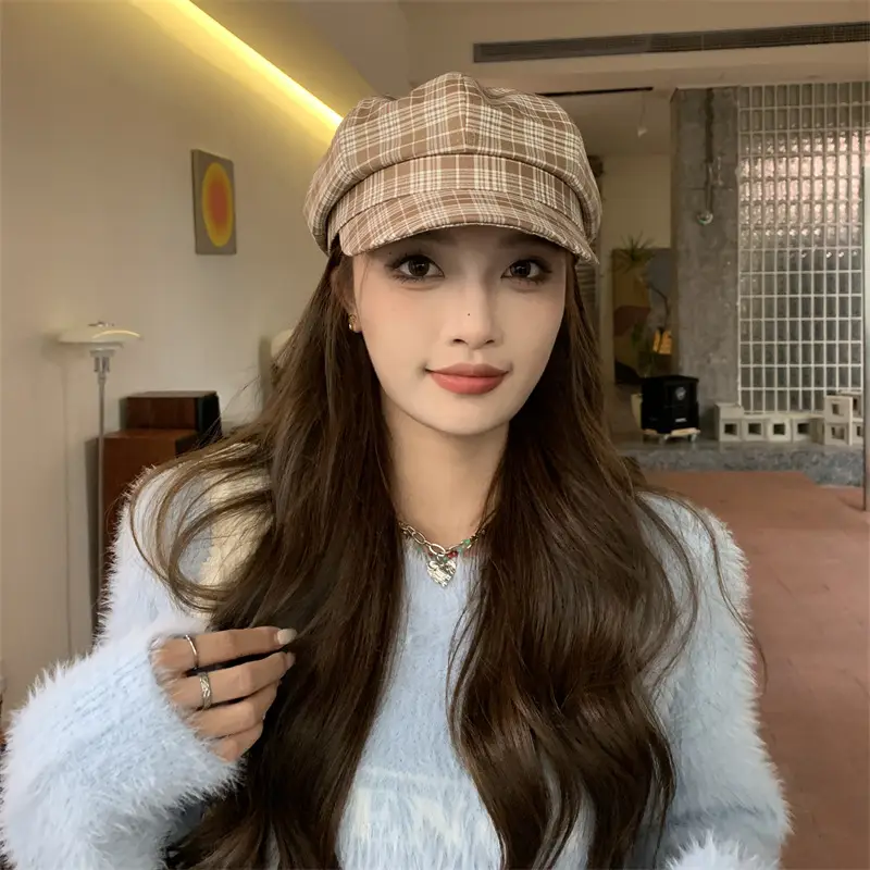 Women's Plaid Beret with Face Mask Hat - Image 2