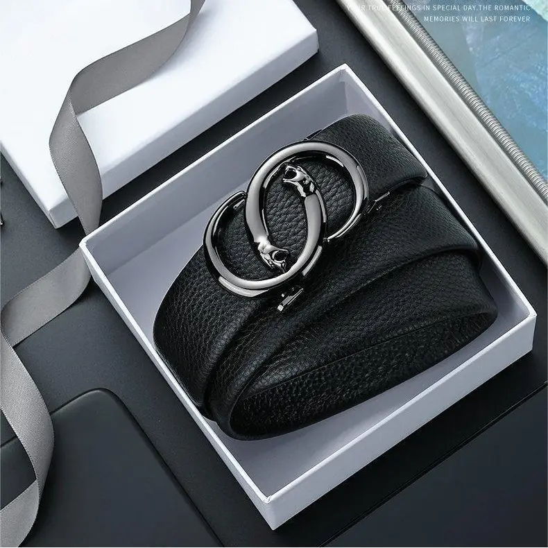 Men's Black Leather Belt with Automatic Buckle