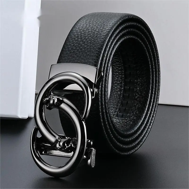 Men's Black Leather Belt with Automatic Buckle