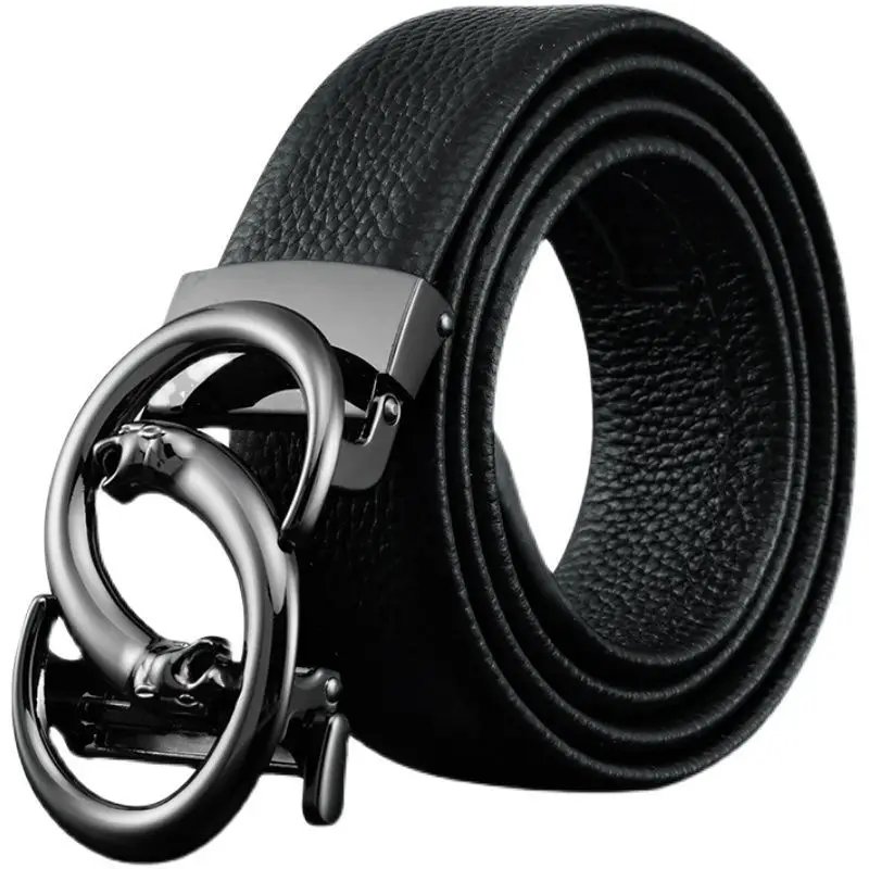 Men's Black Leather Belt with Automatic Buckle