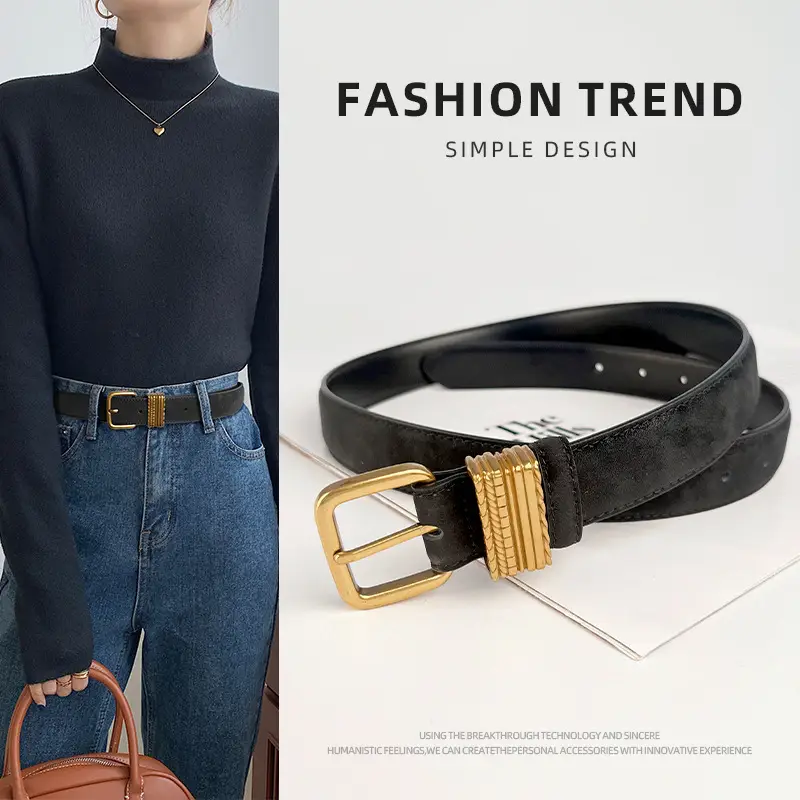 Women's Felted Leather Belt Coffee Gold Buckle