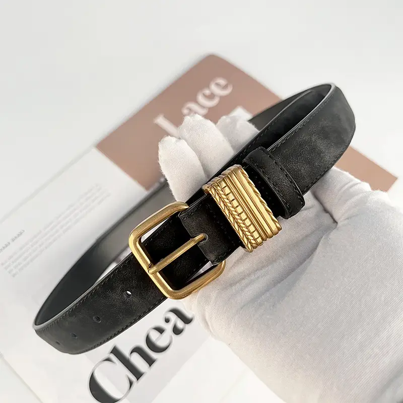 Women's Felted Leather Belt Coffee Gold Buckle