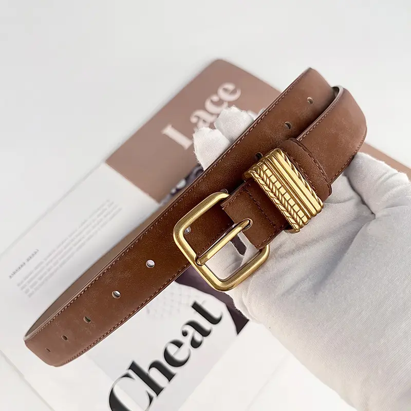 Women's Felted Leather Belt Coffee Gold Buckle