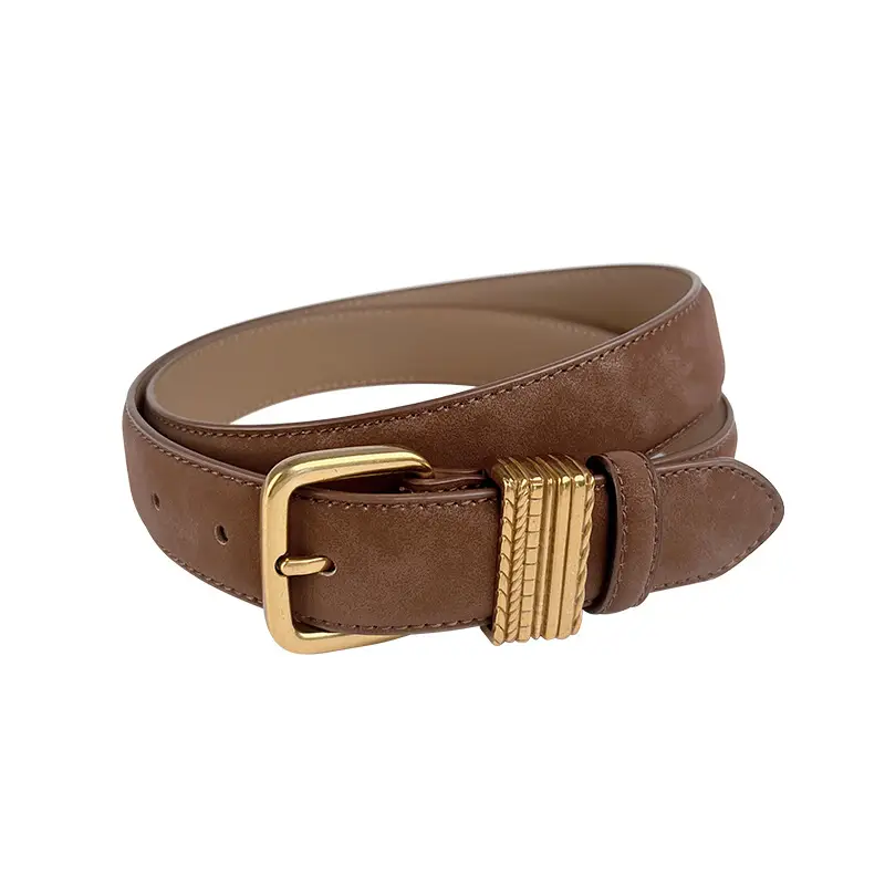 Women's Felted Leather Belt Coffee Gold Buckle