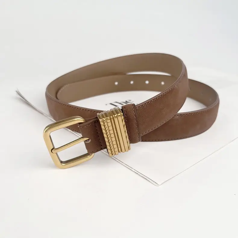 Women's Felted Leather Belt Coffee Gold Buckle — feature 10