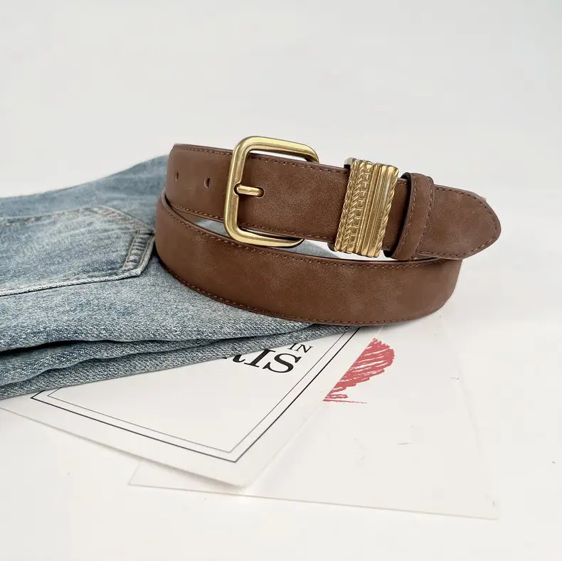 Women's Felted Leather Belt Coffee Gold Buckle — feature 11