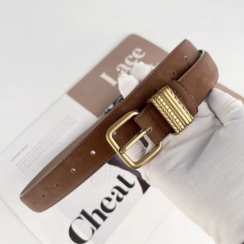 Women's Felted Leather Belt Coffee Gold Buckle — feature 12