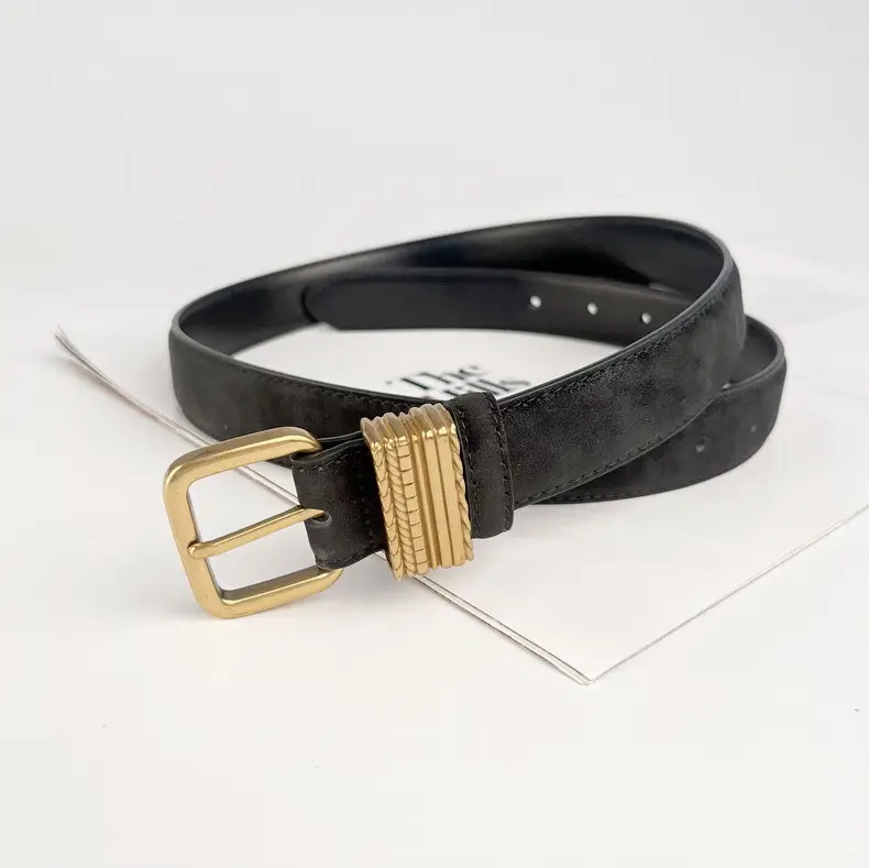 Women's Felted Leather Belt Coffee Gold Buckle — feature 13