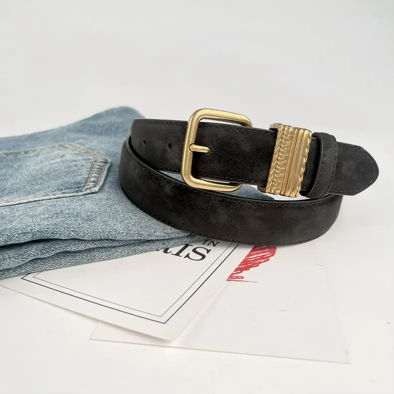 Women's Felted Leather Belt Coffee Gold Buckle — feature 14