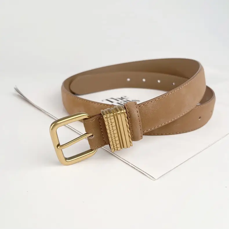 Women's Felted Leather Belt Coffee Gold Buckle — feature 16