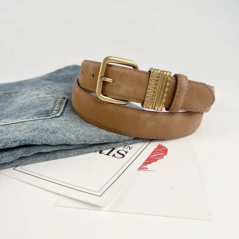 Women's Felted Leather Belt Coffee Gold Buckle — feature 17