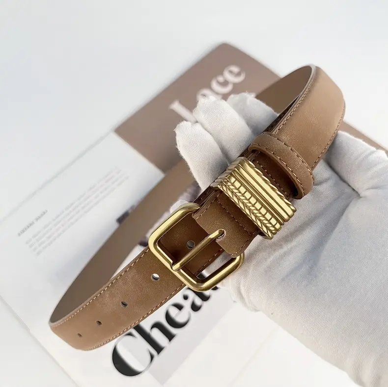Women's Felted Leather Belt Coffee Gold Buckle — feature 18