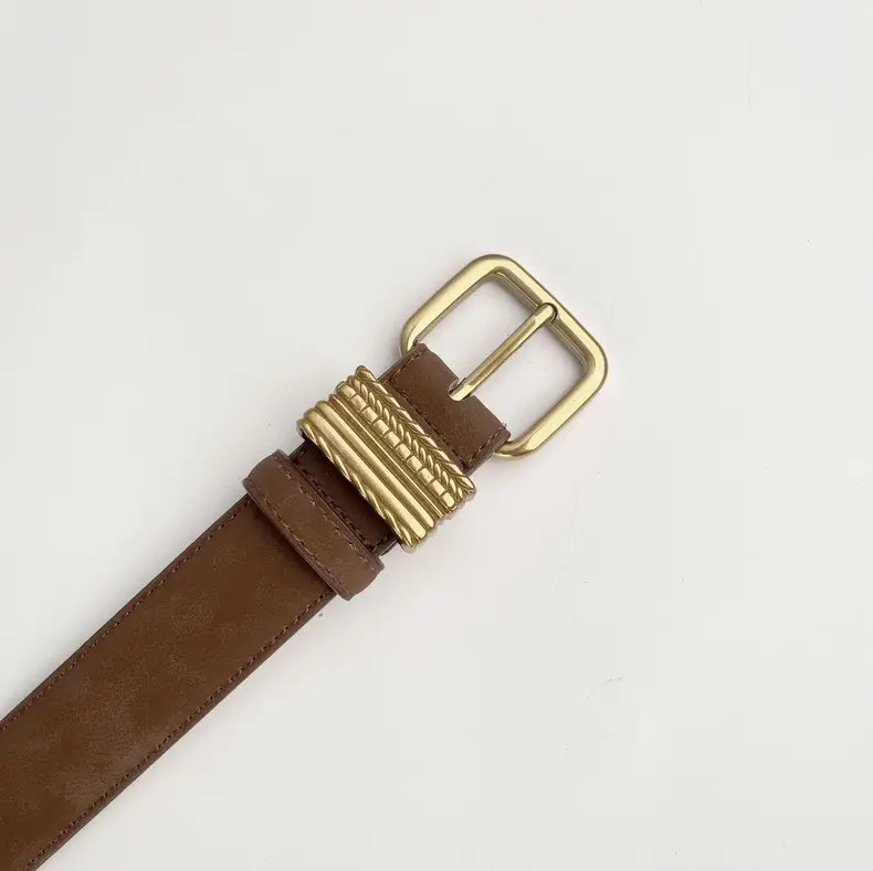 Women's Felted Leather Belt Coffee Gold Buckle — feature 3