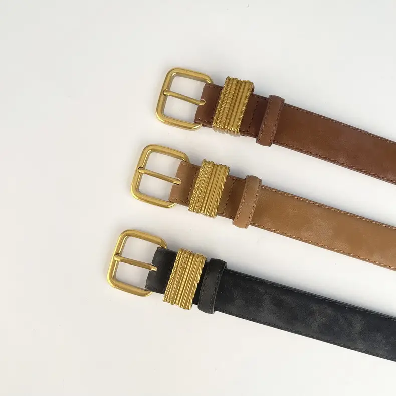 Women's Felted Leather Belt Coffee Gold Buckle — feature 6