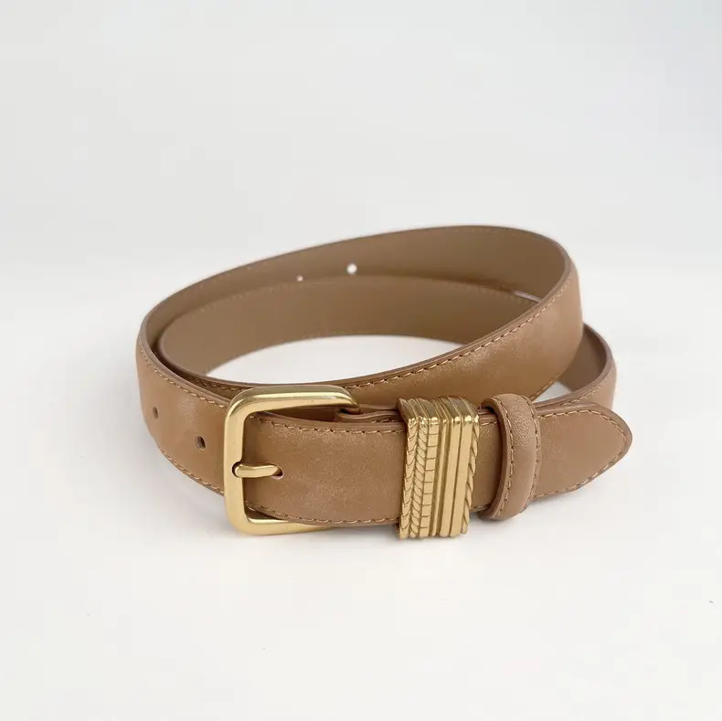 Women's Felted Leather Belt Coffee Gold Buckle — feature 7