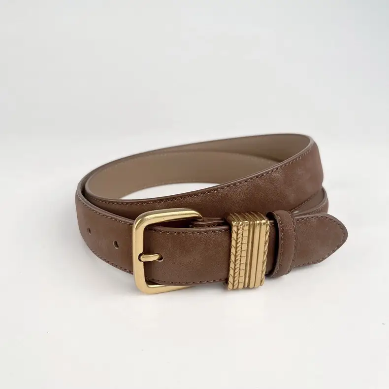 Women's Felted Leather Belt Coffee Gold Buckle — feature 8