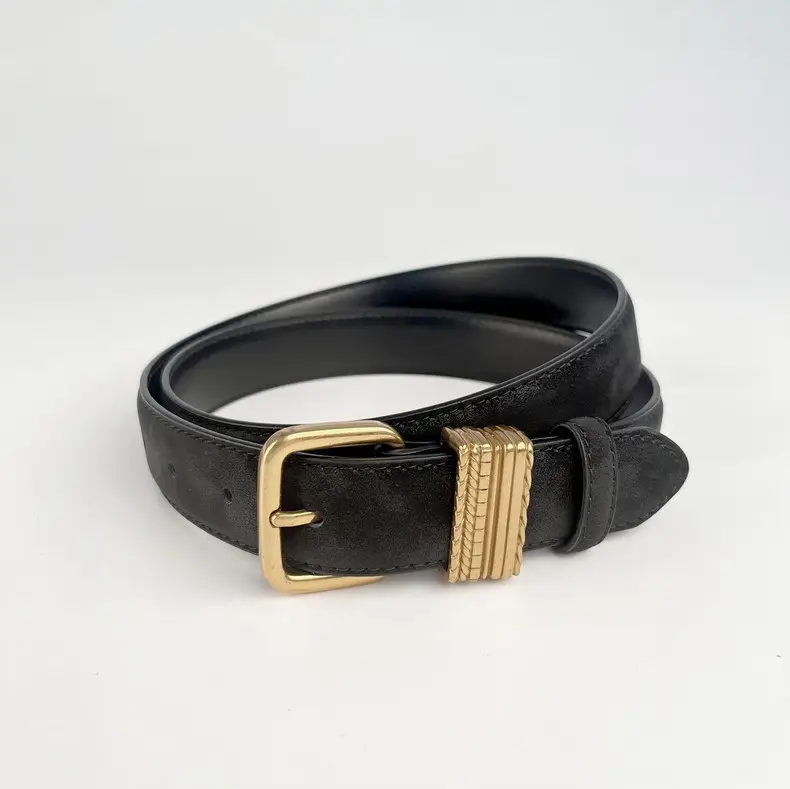 Women's Felted Leather Belt Coffee Gold Buckle — feature 9
