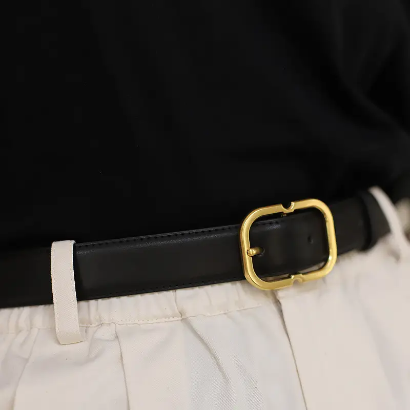 Women's Black Leather Belt with Gold Buckle - Image 5