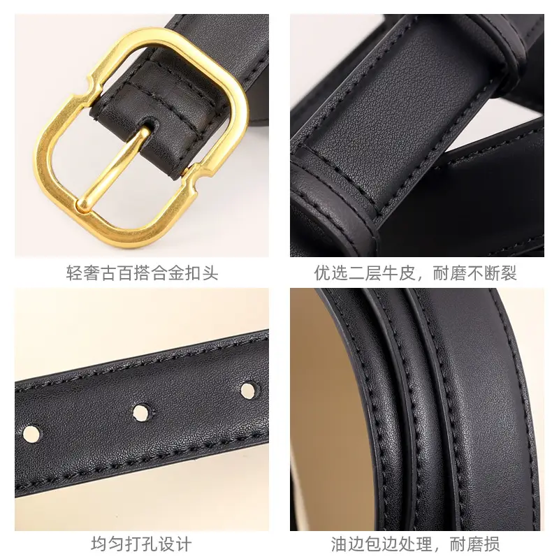 Women's Black Leather Belt with Gold Buckle - Image 6