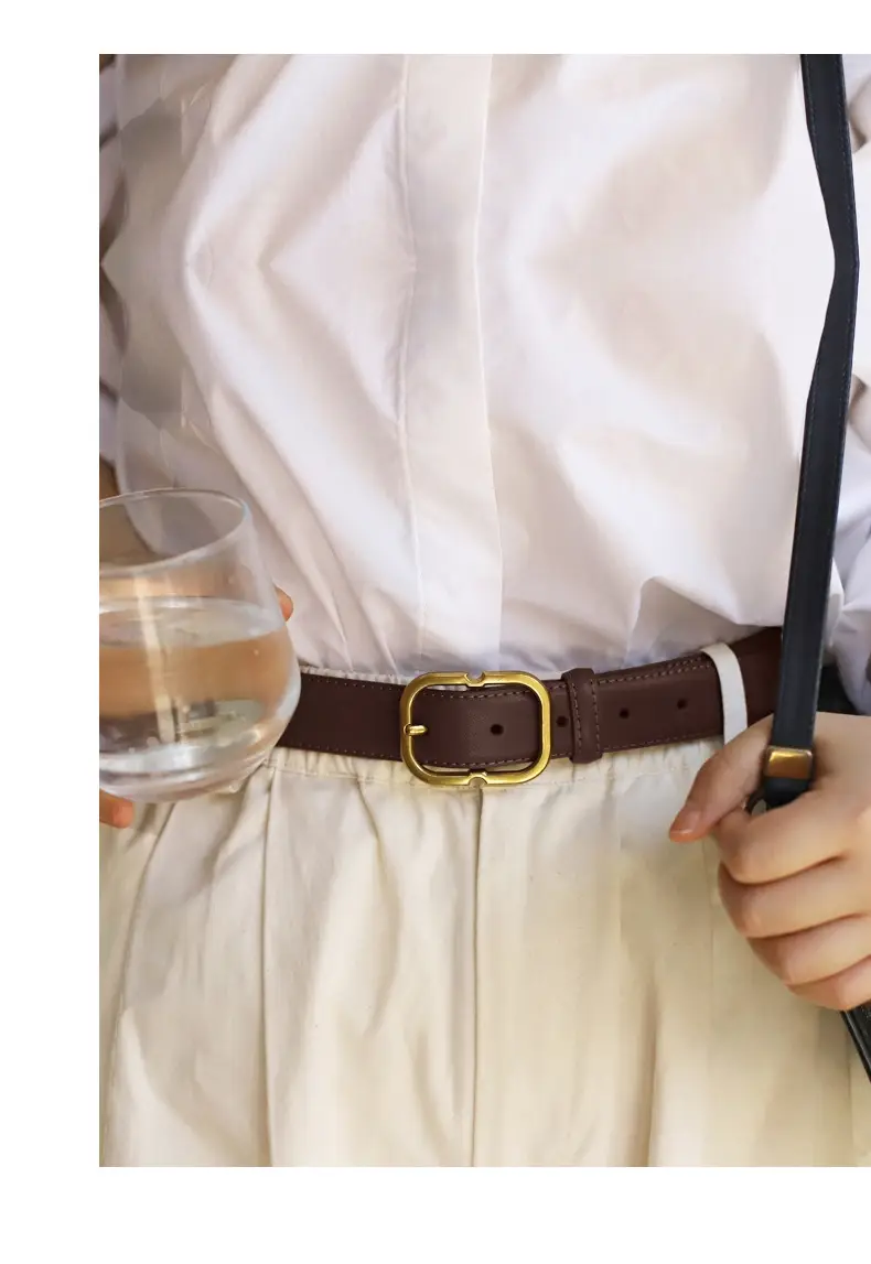 Women's Black Leather Belt with Gold Buckle — feature 30