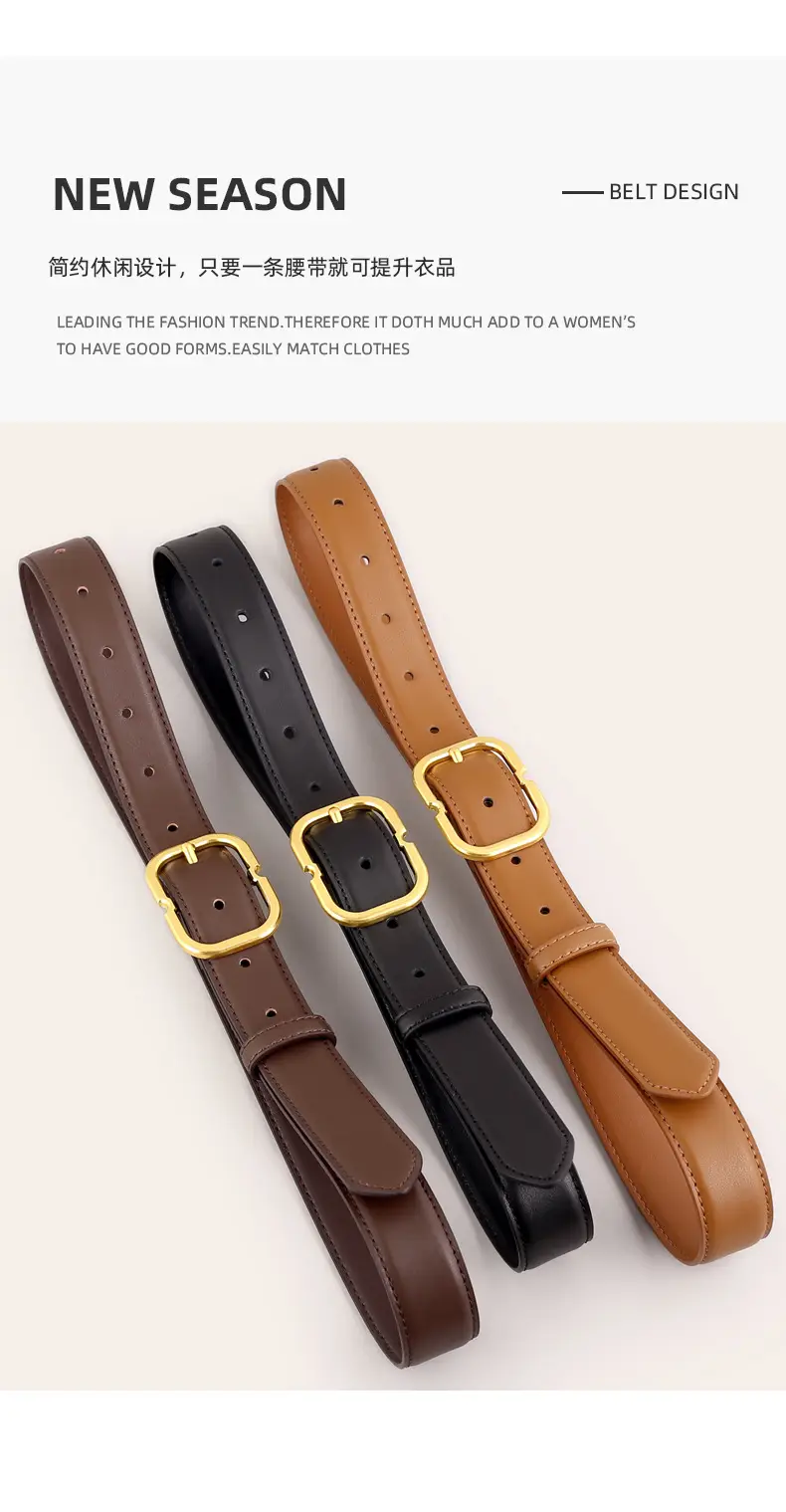 Women's Black Leather Belt with Gold Buckle — feature 31