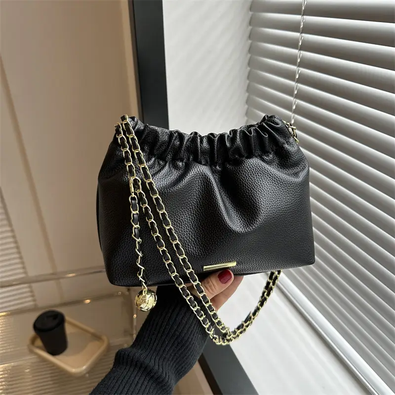 Black Pleated Chain Shoulder Bag for Women 2023 - Image 5