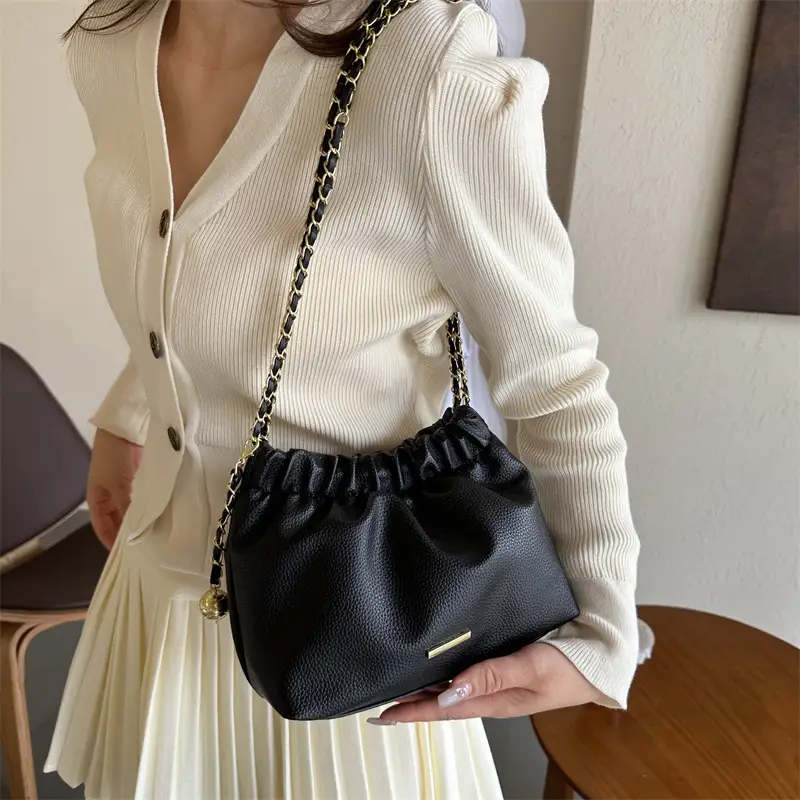 Black Pleated Chain Shoulder Bag for Women 2023 - Image 6