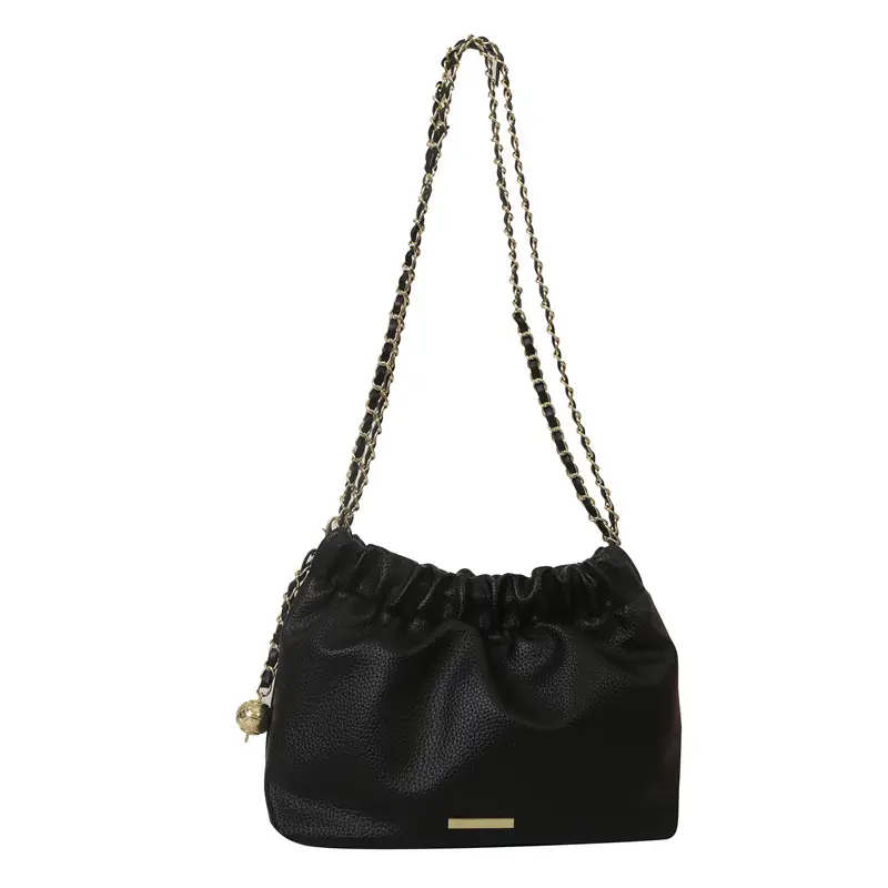 Black Pleated Chain Shoulder Bag for Women 2023 - Image 9