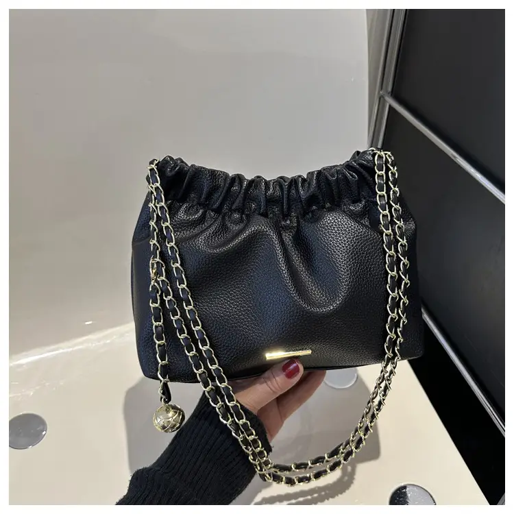Black Pleated Chain Shoulder Bag for Women 2023 - Image 3
