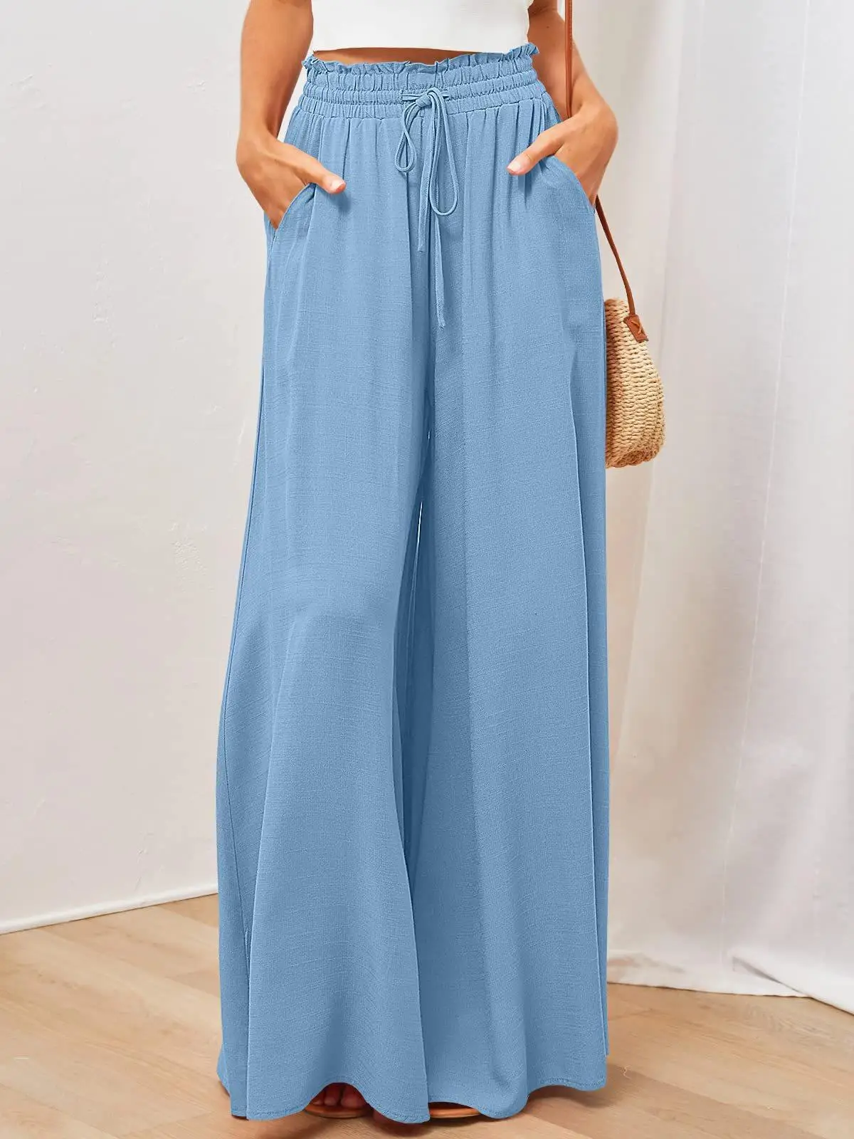Women Wide Leg Pants Elastic Belt Summer Casual - Image 11
